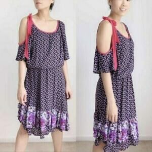 Free People Dress Small Purple Black Floral Asymmetrical Hem Tie Cold Shoulder